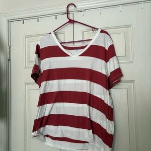 Old Navy Red and White Striped V-Neck Tee